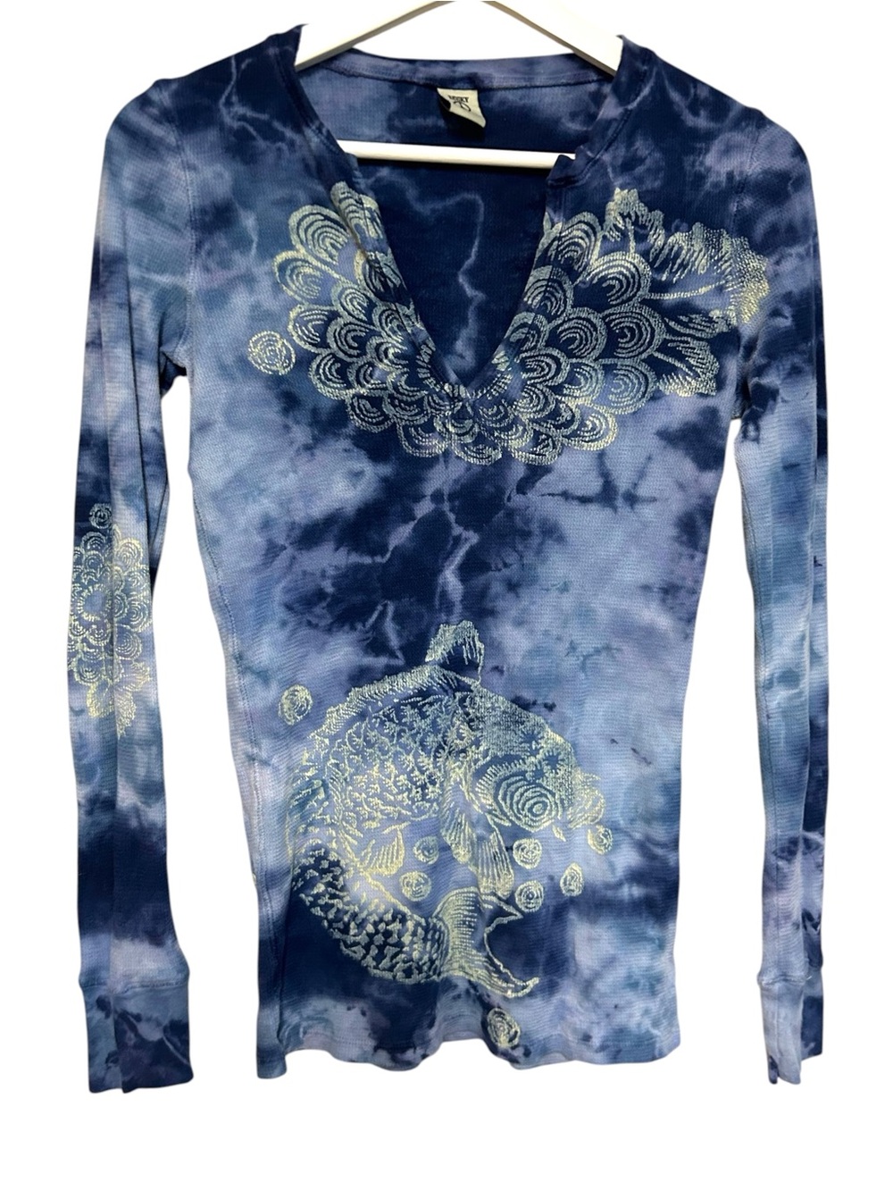 Lucky Brand XS waffle thermal Asian koi fish print on tie dye USA made vintage